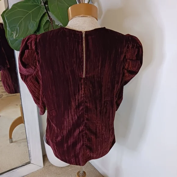 Size Large Leyden Velvet Puff Sleeves Women's Blouse Velvet Dark Burgundy Fall - Picture 3 of 9